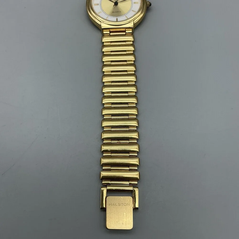 Vintage Halston Womens Watch 32mm Gold Tone White Dial Bracelet New Battery 8.5